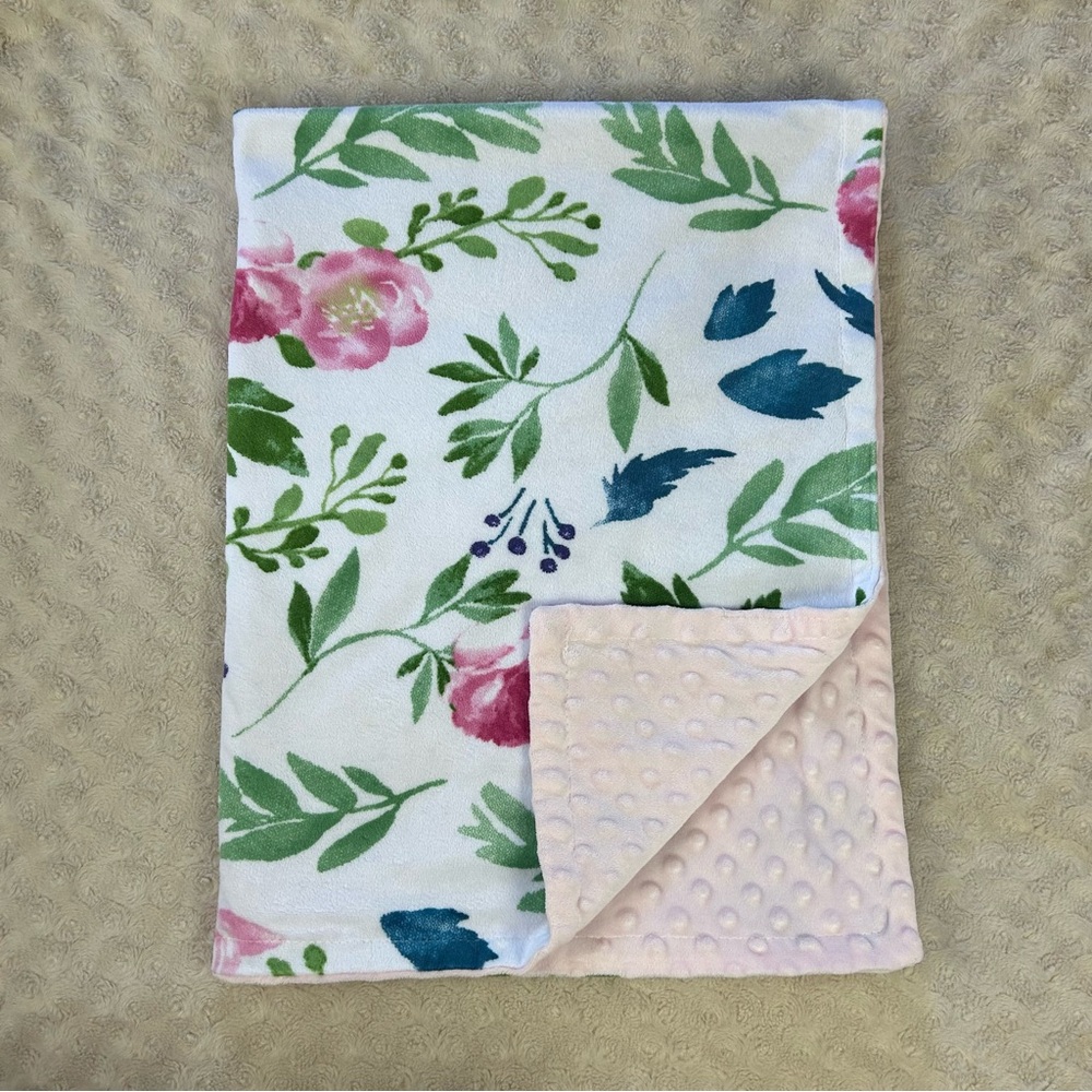 Homritar Pink Blue Floral Baby Blanket Minky Dot Green White Flower Leaf